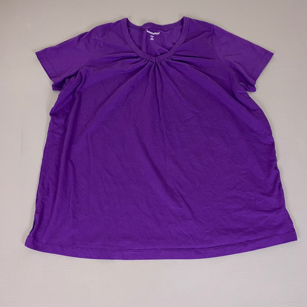 Woman Within T-Shirt Plus Size 1X 22/24 Purple Cotton V-Neck Ruched Short Sleeve